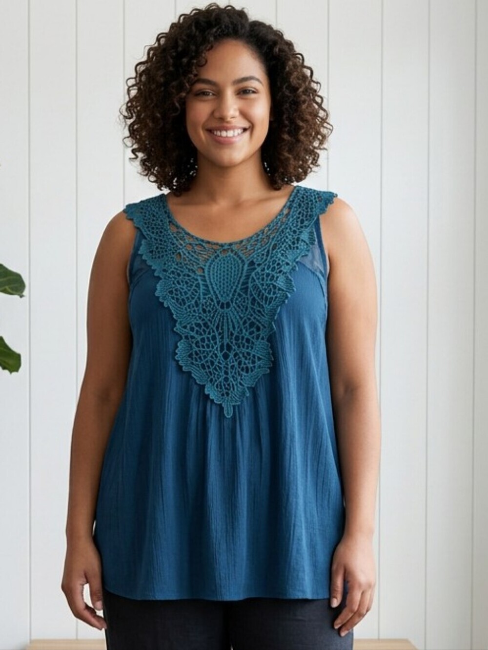 Knox Rose bohemian-style tank top, embroidery & netting Dark Blue Green